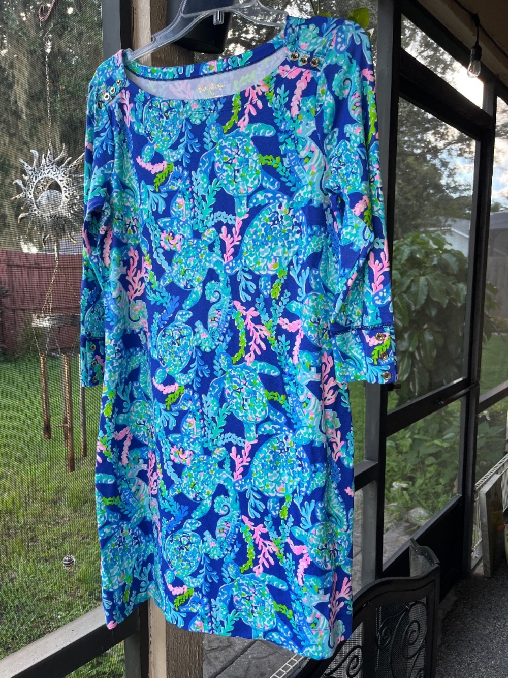 Lily Pulitzer blue, green and pink sea turtle  long-sleeve dress size Medium